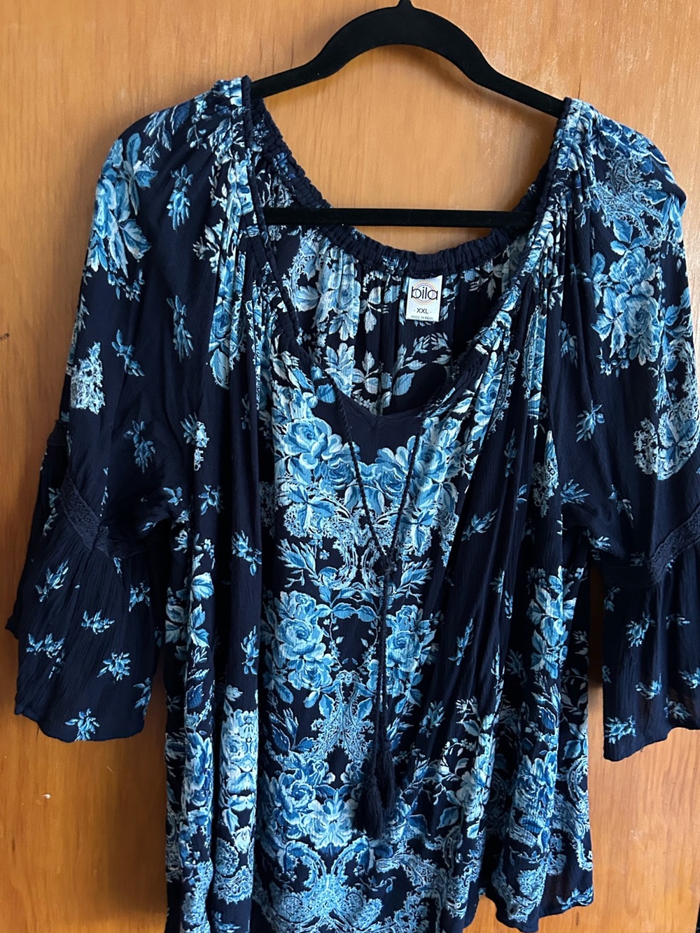 Bila Navy Peasant 
top 
with Light Blue Floral Print